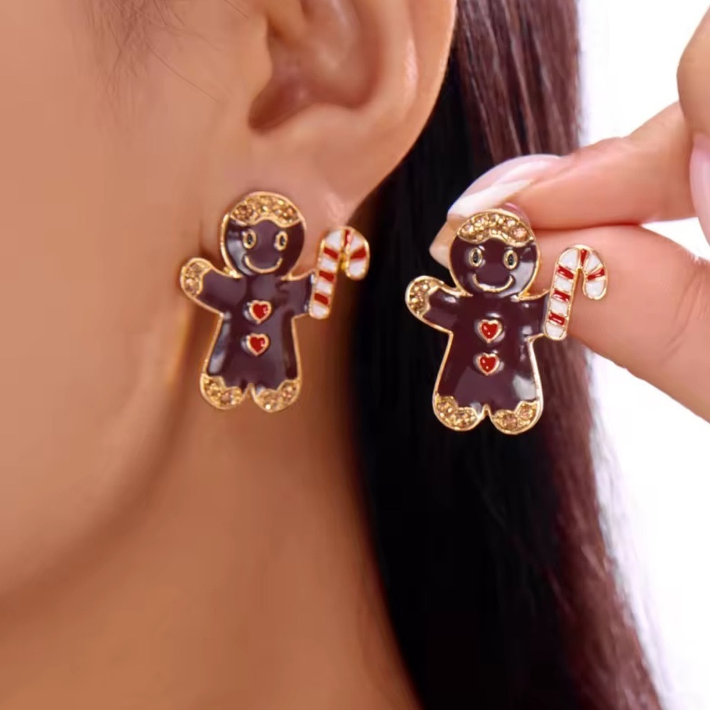 Gingerbread-man Christmas Brown Gold CandyCane Earrings